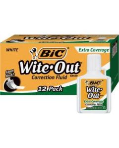 BIC Wite-Out Extra Coverage Correction Fluid, 20 mL Bottles, White, Pack Of 12