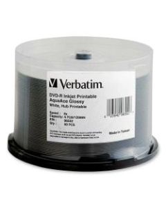 Verbatim DVD-R 4.7GB 8X Aqua Ace White Glossy Inkjet Printable Surface, Hub Printable - 50pk Spindle - Inkjet Printable