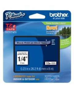 Brother TZe-111 Black-On-Clear Tape, 0.25in x 26.2ft