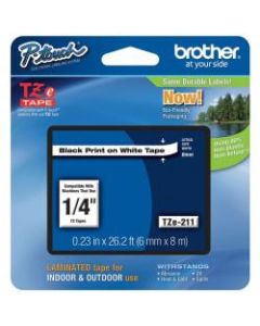 Brother TZe-211 Black-On-White Tape, 0.25in x 26.2ft