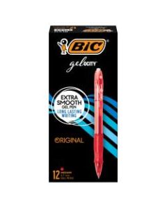 BIC Gelocity Retractable Gel Ink Rollerball Pens, Medium Point, 0.7 mm, Red Barrel, Red Ink, Pack Of 12