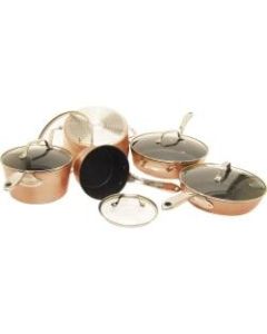 The Rock Cookware - 1.5 quart Saucepan, 3.1 quart Saucepan, 5.1 quart Stockpot, 10in Diameter Frying Pan, 11in Diameter Deep Frying, Lid - Stainless Steel Handle, Forged Aluminum Base, Copper - Cooking, Frying - Oven Safe - Bronze - Copper - 1 Piece