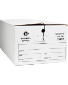 Business Source Heavy Duty Legal Size Storage Box - External Dimensions: 15in Width x 24in Depth x 10inHeight - Media Size Supported: Legal - String/Button Tie Closure - Medium Duty - Stackable - White - For File - Recycled - 12 / Carton