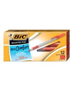 BIC Round Stic Grip Xtra-Comfort Ballpoint Pens, Fine Point, 0.8 mm, Gray Barrel, Red Ink, Pack Of 12