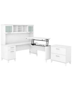 Bush Furniture Somerset 72inW 3-Position Sit-To-Stand L-Shaped Desk With Hutch And File Cabinet, White, Standard Delivery