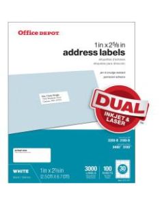 Office Depot Brand Inkjet/Laser Address Labels, White, 1in x 2 5/8in, Pack Of 3,000
