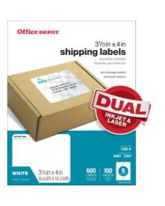 Office Depot Brand Inkjet/Laser Shipping Labels, White, 3 1/3in x 4in, Pack Of 600
