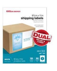 Office Depot Brand Inkjet/Laser Shipping Labels, White, 8 1/2in x 11in, Full-Sheet, Pack Of 100