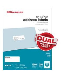 Office Depot Brand Inkjet/Laser Address Labels, White, 1in x 2 5/8in, Pack Of 7,500