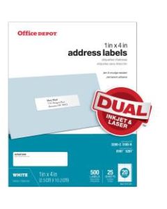 Office Depot Brand Inkjet/Laser Address Labels, White, 1in x 4in, Pack Of 500
