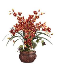 Nearly Natural 30inH Silk Cymbidium Arrangement With Decorative Pot, Burgundy