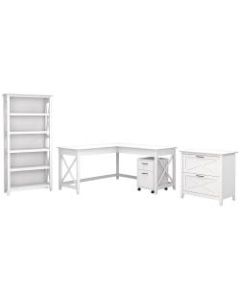 Bush Furniture Key West 60inW L-Shaped Desk With File Cabinets And 5-Shelf Bookcase, Pure White Oak, Standard Delivery