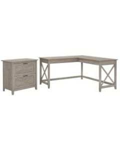 Bush Furniture Key West 60inW L Shaped Desk with Lateral File Cabinet, Washed Gray, Standard Delivery