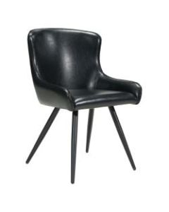 Dressed up in all black, our handsome dining chair will look beautiful around any table. Its sleek seat in black faux leather rests on slim, but sturdy steel legs. The gorgeous curves cradle you in comfort so you can sit for hours.