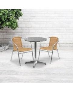 Flash Furniture Round Aluminum Table With 2 Rattan Chairs, 27-1/2in x 23-1/2in, Beige