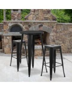 Flash Furniture Commercial-Grade Round Metal Indoor/Outdoor Bar Table Set With 2 Square-Seat Backless Stools, 41inH x 24inW x 24inD, Black