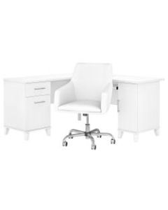 Bush Furniture Somerset 60inW L-Shaped Desk With Mid-Back Leather Box Chair, White, Standard Delivery