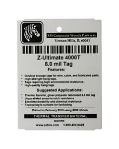 Zebra ZUltimate 4000T Thermal Transfer Labels, 05025RM, 8 mils, Pearl White, Pack Of 750