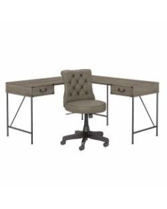 kathy ireland Home by Bush Furniture Ironworks 60inW L-Shaped Writing Desk With Mid-Back Tufted Office Chair, Restored Gray, Standard Delivery