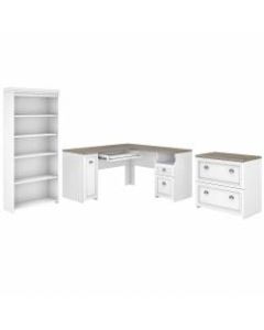 Bush Furniture Fairview 60inW L-Shaped Desk With Lateral File Cabinet And 5-Shelf Bookcase, Shiplap Gray/Pure White, Standard Delivery