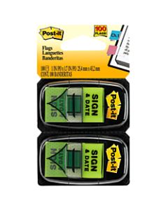 Post-it Notes Sign & Date Printed Flags, 1in x 1-7/10in, Green, 50 Flags Per Pad, Pack Of 2 Pads