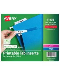 Avery Printable Tab Inserts For Hanging File Folders, 1/5 Cut For 2in Tabs, White, Box Of 100