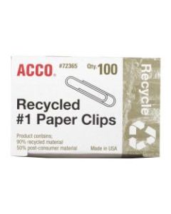 ACCO Recycled Paper Clips, No. 1, 10-Sheet Capacity, Silver, Box Of 100 Clips