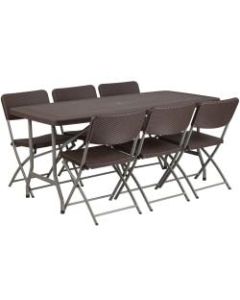 Flash Furniture Rattan Plastic Folding Table Set With 6 Chairs, 28-3/4inH x 32-1/2inW x 67-1/2inD, Brown