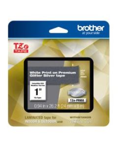 Brother TZe Premium Glitter Laminated Tape, 15/16in x 26-3/16ft, White Ink/Silver Tape