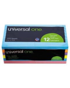 Universal Self-Stick Bright Note Pads, 3in x 3in, Assorted Colors, 100 Sheets Per Pad, Pack Of 12 Pads