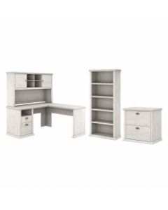 Bush Furniture Yorktown 60inW L-Shaped Desk With Hutch, Lateral File Cabinet And 5-Shelf Bookcase, Linen White Oak, Standard Delivery
