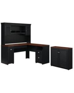 Bush Furniture Fairview 60inW L Shaped Desk With Hutch And Small Storage Cabinet, Antique Black/Hansen Cherry, Standard Delivery