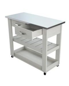 Inval 2-Drawer 2-Shelf Mobile Kitchen Cart, 34-5/16inH x 18-1/8inW x 39-7/16inD, Stainless Steel/Washed Oak