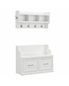 kathy ireland Home by Bush Furniture Woodland 40inW Entryway Bench With Doors And Wall-Mounted Coat Rack, White Ash, Standard Delivery