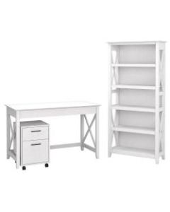 Bush Furniture Key West 48inW Writing Desk With 2-Drawer Mobile File Cabinet And 5-Shelf Bookcase, Pure White Oak, Standard Delivery