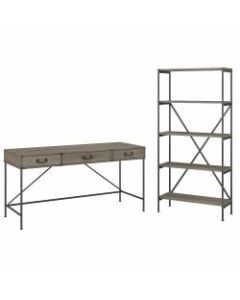 kathy ireland Home by Bush Furniture Ironworks 60inW Writing Desk With Drawers And 5-Shelf Etagere Bookcase, Vintage Golden Pine, Standard Delivery