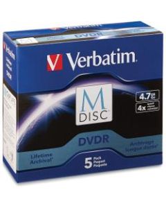 Verbatim M-Disc DVDR 4.7GB 4X with Branded Surface - 5pk Jewel Case Box - 120mm - 2 Hour Maximum Recording Time