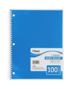 Mead Spiral Bound Wide Ruled Notebooks - 100 Sheets - Spiral - 8in x 10 1/2in - White Paper - Assorted Cover - Back Board - 1Each