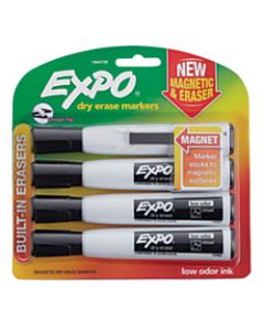 EXPO Magnetic Dry Erase Markers With Eraser, Chisel Tip, Black Ink, Pack Of 4