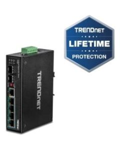 TRENDnet 6-Port Hardened Industrial Gigabit PoE+ DIN-Rail Switch, 4 x Gigabit PoE+ Ports, Shared Gigabit Port (RJ-45/SFP), Dedicated SFP, 120W Power Budget, IP30, Lifetime Protection, Black, TI-PG62 - 6-Port Industrial Gigabit PoE+ DIN-Rail Network Switch