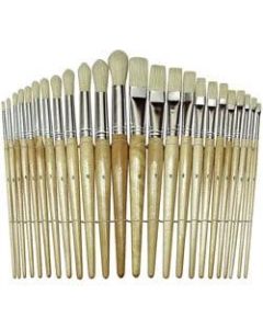 Chenille Kraft Flat And Round Wood Paint Brush Set, Flat; Round Bristle, Hog Hair, Brown, Set Of 24