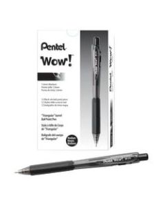 Pentel WOW! Retractable Ballpoint Pens, Medium Point, 1.0 mm, Transparent Black Barrels, Black Ink, Pack Of 12