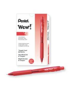 Pentel WOW! Retractable Ballpoint Pens, Medium Point, 1.0 mm, Transparent Red Barrels, Red Ink, Pack Of 12