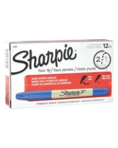 Sharpie Twin-Tip Permanent Markers, Fine/Ultra-Fine Points, Blue Ink, Pack Of 12 Markers