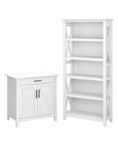 Bush Furniture Key West Secretary Desk With Storage And 5-Shelf Bookcase, Pure White Oak, Standard Delivery