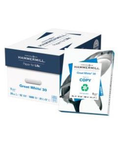 Hammermill Great White Copy Paper, Letter Size (8 1/2in x 11in), 20 Lb, 30% Recycled, Ream Of 500 Sheets, Case Of 10 Reams