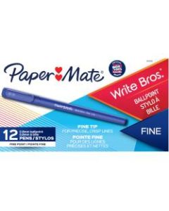Paper Mate Write Bros Ballpoint Stick Pens, 0.8 mm, Fine Point, Blue Barrel, Blue Ink, Pack Of 12 Pens