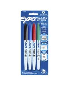 EXPO Vis-a-Vis Wet-Erase Fine-Tip Markers, Assorted Colors, Pack Of 4