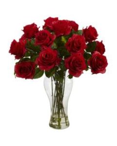 Nearly Natural 18inH Polyester Artificial Blooming Roses Bouquet with Vase, Red