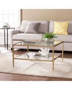 Southern Enterprises Keller Square Metal/Glass Open-Shelf Cocktail Table, Rectangular, Clear/Gold